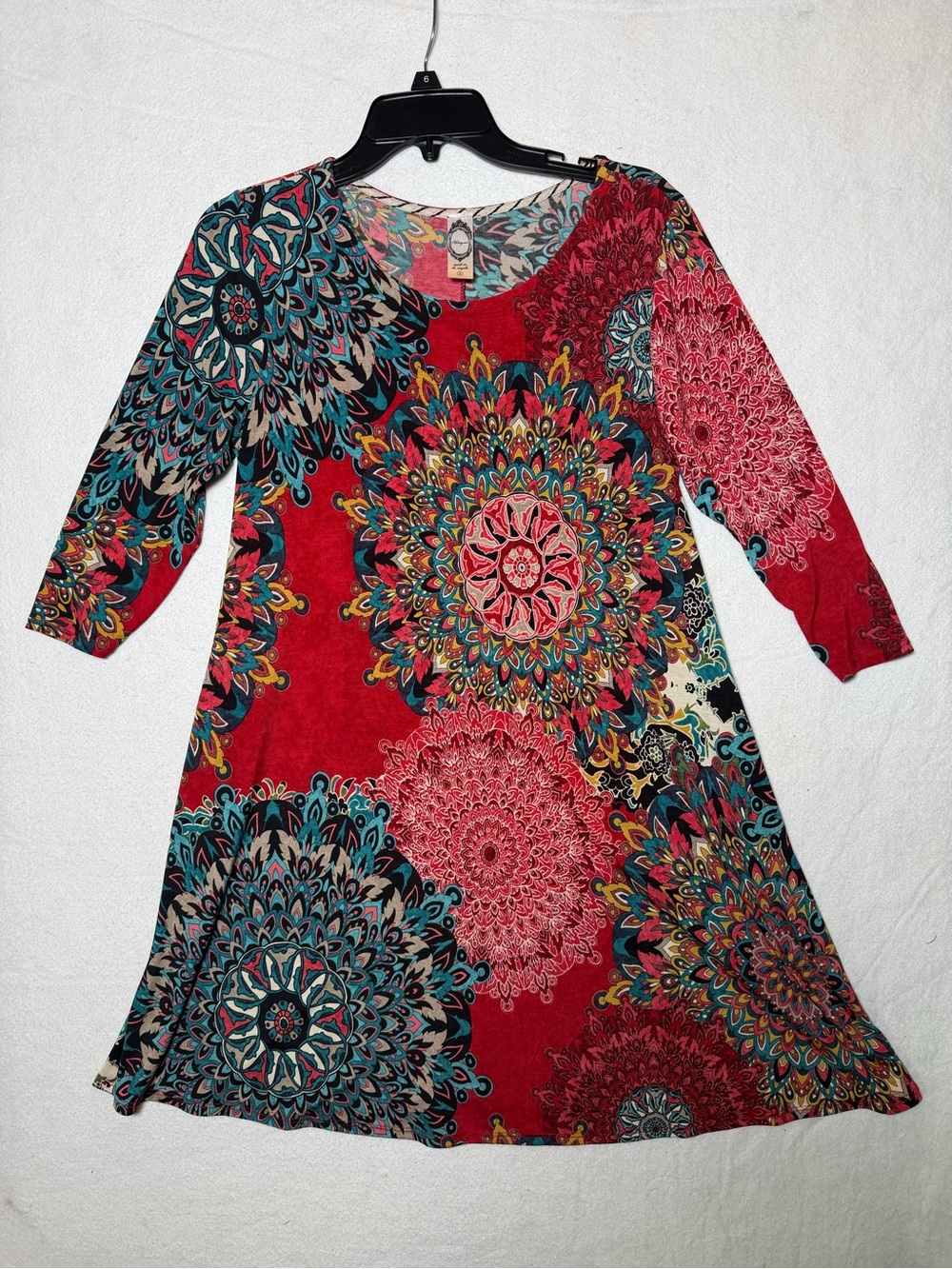 HoneyMe Boho Red Mandala Medallion Tunic Swing Dress Pockets S